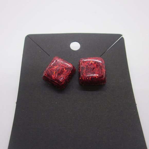 Red Shimmer Square Stud Earrings - Picture 3 of 4